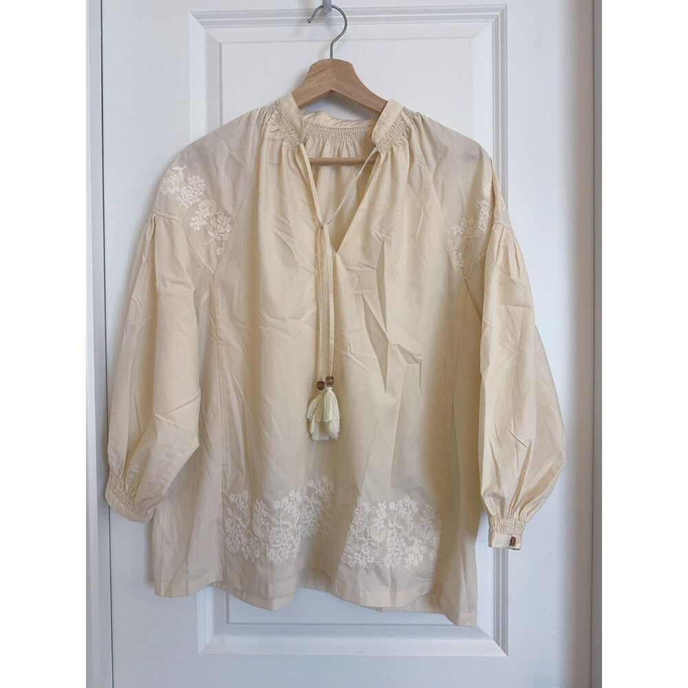 Ivory Cotton Mulberry Silk Embroidered Balloon Sleeve Blouse
